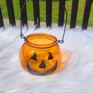 Halloween Jack 'O Lantern Glass Pumpkin Tealight Candleholder, 3 x‎ 4- in
